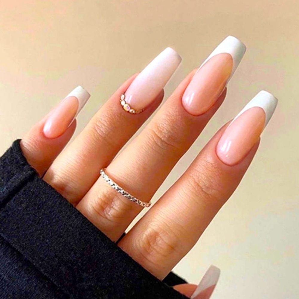 24pc Nail Kit Long Gloss French Tip Nails With Crystals| French Tip Nails